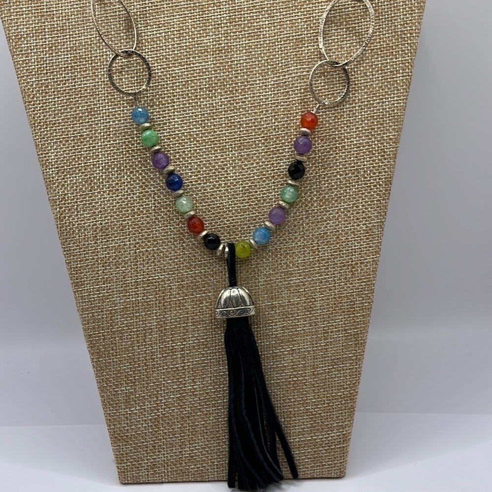Circle Brass Necklace with beads & Black leather Tassel